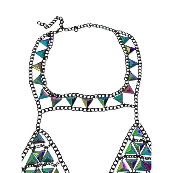 RAVE WONDERLAND DOLLS KILL Iridescent Gem Jewelry Crop Top Crystal Chain Bra - Picture 11 of 15